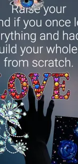 Silhouette hand, colorful love text, inspirational phone wallpaper.