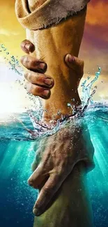 Two hands grasping above water, symbolizing support and unity in vibrant colors.