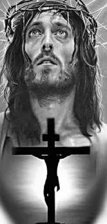 Black and white drawing of Jesus with a crown of thorns and crucifix silhouette.