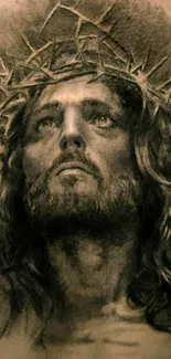 Serene Jesus artwork wallpaper in sepia tones with a crown of thorns.