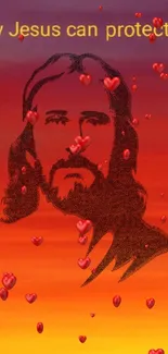 Inspirational Jesus silhouette with hearts on sunset background.