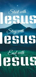 Inspirational Jesus quote on scenic nature background.