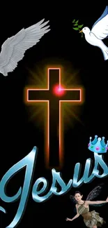 Inspirational Jesus wallpaper with a cross, dove, and spiritual elements.