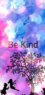 Inspirational Be Kind wallpaper with pink and blue clouds.