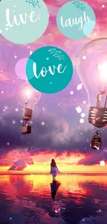 Inspirational sunset wallpaper with light bulbs and 'Live Laugh Love' messages.