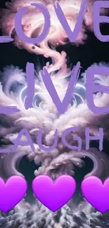 Inspirational Love Live Laugh wallpaper with purple hearts.