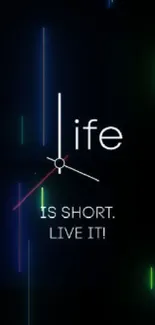 Minimalist clock wallpaper with motivational quote: 'Life is short. Live it!'