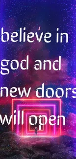 Inspirational wallpaper with neon doors and motivational cosmic background.