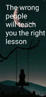 Silhouette on swing under night sky with motivational text.