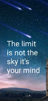 Inspirational night sky with shooting stars and quote: The limit is not the sky.