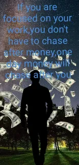 Silhouette under a starry night sky with floating money and inspirational quote.