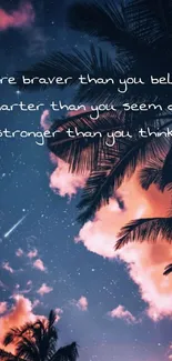 Inspirational quote on a night sky with palm trees.