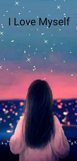 Girl gazing at a starry night sky with inspirational text.