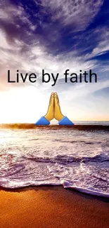 Ocean sunset wallpaper with 'Live by Faith' text and calming waves.