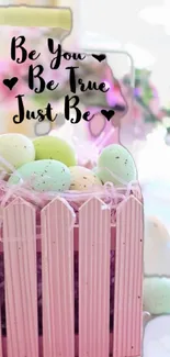 Pastel Easter eggs and quotes in pink basket wallpaper.