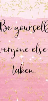 Motivational pink wallpaper with quote and golden sparkles.