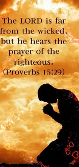 Silhouette in prayer with orange sunset background and Biblical verse.