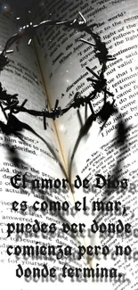 Heart shadow over open Bible with Spanish quote.