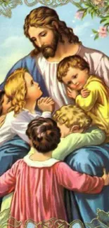 Inspirational religious art featuring a holy figure with children on a mobile wallpaper.