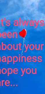 Red heart balloon with text on blue sky background, inspirational mobile wallpaper.