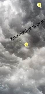 Dramatic cloudy sky with lightbulbs and 'Knowledge is power' text.