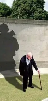 Old man casts soldier shadow on wall with inspirational message.