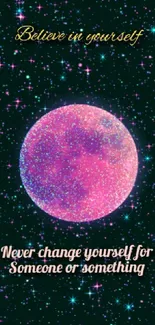 Glittering pink moon with inspirational quotes on a starry night background.