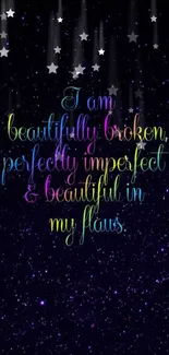 Inspirational quote on a starry night sky background with colorful text.