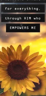 Mobile wallpaper with a sunflower and an inspirational quote from Philippians 4:13.