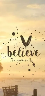 Inspirational 'Believe in yourself' sunrise wallpaper with a scenic view.