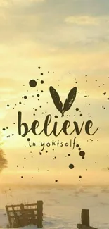 Sunrise wallpaper with 'Believe in yourself' text and nature background.