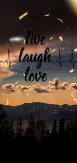 Sunset wallpaper with 'Live Laugh Love' text over mountains.