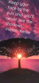 Silhouette tree against a vibrant sunset with an inspiring quote by Helen Keller.