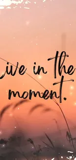 Live in the moment quote on a sunset background mobile wallpaper.