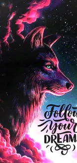 Inspirational wolf-themed wallpaper with vibrant colors and dream quote.