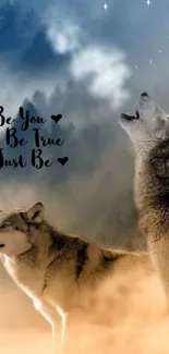 Two wolves howling under starry sky with inspiring quote.