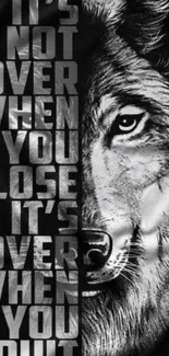 Black and white wolf with inspirational quote.