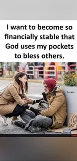 Wallpaper of a woman helping a homeless man, highlighting kindness.