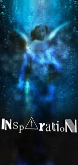 Angelic figure in blue water surrounded by cosmic textures with 'Inspiration' text.