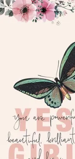 Butterfly and flowers with motivational quote on pale pink background.