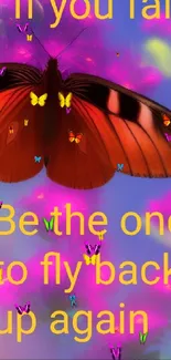 Colorful butterfly with motivational quote in purple background.