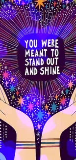 Hands reaching towards colorful stars with motivating quote.