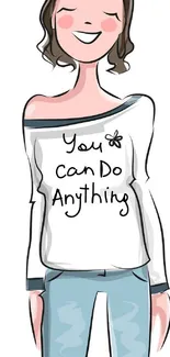 Whimsical character drawing with motivational message on shirt.