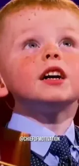 Inspiring portrait of a cute freckled child looking upwards.