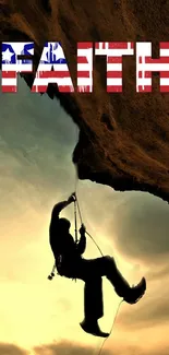 Silhouette of a climber against a rock with 'FAITH' text overlay.