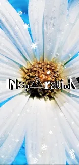 Inspiring white daisy on blue background with 'Inspiration' text.