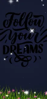 Follow your dreams wallpaper with gold ornaments and dark blue background.