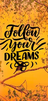 Orange wallpaper with 'Follow Your Dreams' quote and nature scene.