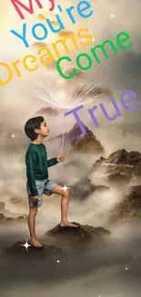 Child in dreamy clouds with rainbow and text on phone wallpaper.