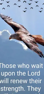 Eagle soaring in blue sky with motivational text.